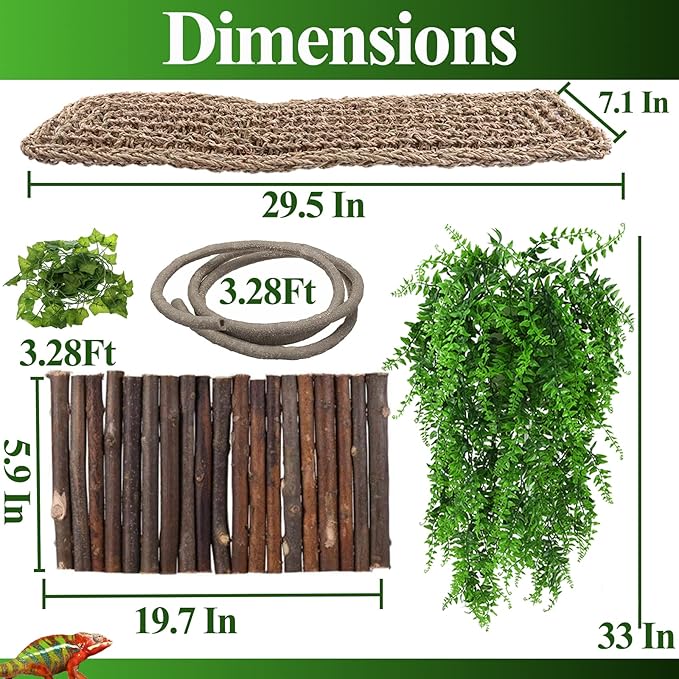 HERCOCCI Bearded Dragon Tank Accessories, Large Reptile Bridge Hammock Flexible - Jungle Climbing Vines and Leaves with Suction Cups Habitat Décor for Hiding& Climbing Snake Gecko Lizard Chameleon HERCOCCI