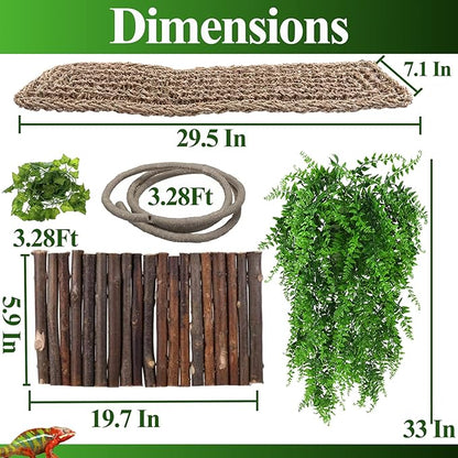 HERCOCCI Bearded Dragon Tank Accessories, Large Reptile Bridge Hammock Flexible - Jungle Climbing Vines and Leaves with Suction Cups Habitat Décor for Hiding& Climbing Snake Gecko Lizard Chameleon HERCOCCI