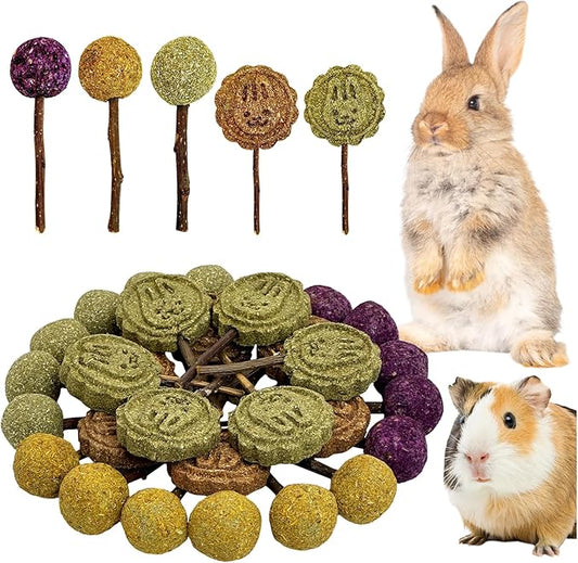 Fhiny Rabbit Chew Toys, 30 PCS Natural Bunny Lollipop Chew Sticks Handmade Guinea Pig Molar Treats for Teeth Small Animals Snacks for Guinea Pig Bunny Chinchilla Hamster Gerbil Teeth Care Fhiny
