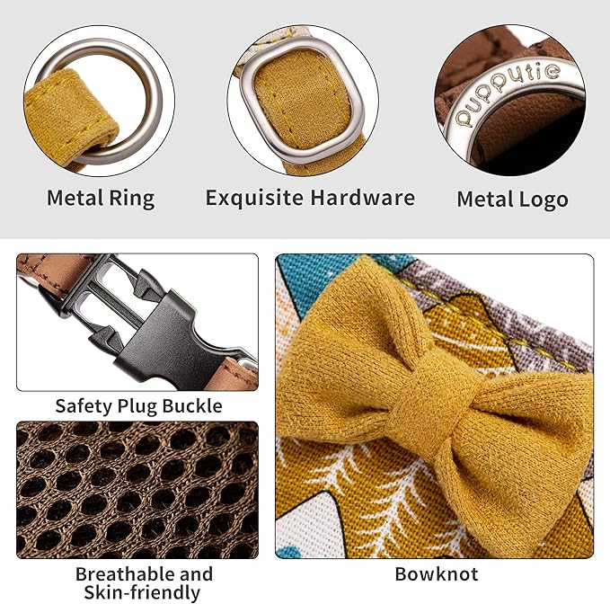 Puppytie No Pull Dog Harness with Multifunction Dog Leash,Soft Adjustable No Choke Escape Proof Pet Harness Vest for Medium Dogs,Suede Bow Yellow,M Puppytie