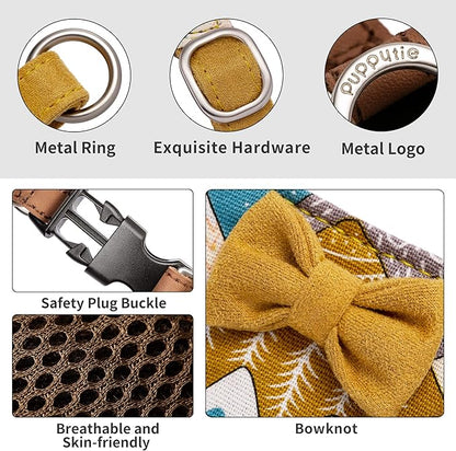 Puppytie No Pull Dog Harness with Multifunction Dog Leash,Soft Adjustable No Choke Escape Proof Pet Harness Vest for Medium Dogs,Suede Bow Yellow,M Puppytie