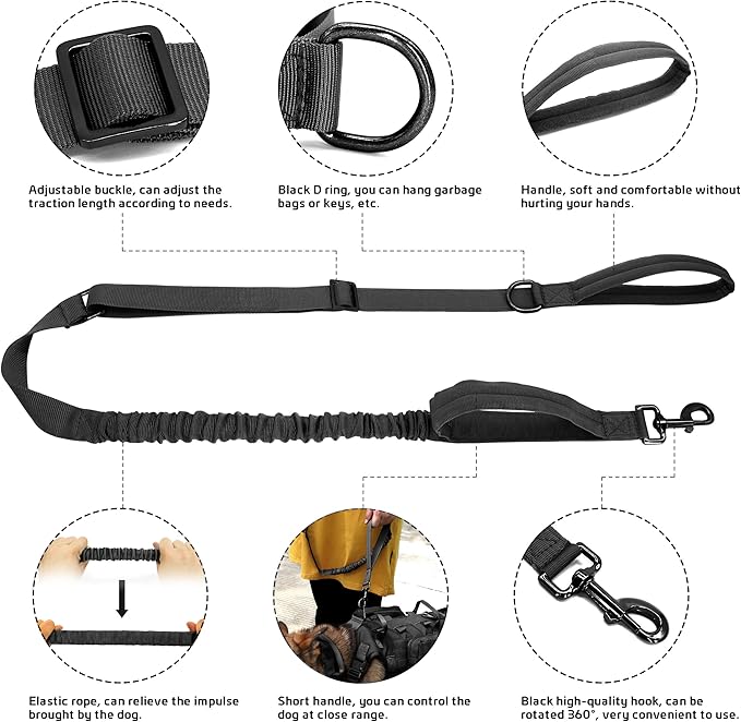 Forestpaw Tactical Dog Harness for Large Dogs,Tactical Dog Collar with Bungee Leash Set,No Pull Military Dog Harness for Dog Walking Training,Adjustable for Medium Large Dogs,Black M Forestpaw