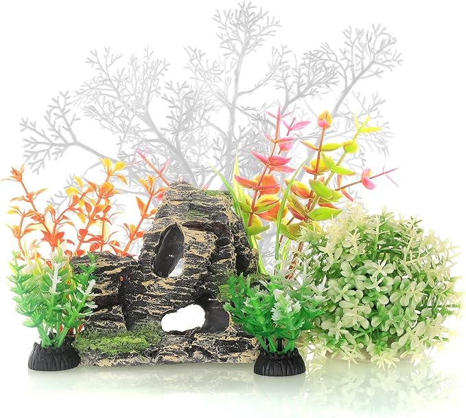 JIH Aquarium Fish Tank White Plastic Plants and Cave Rock Decorations Decor Set 7 Pieces, Small and Large Artificial Fish Tank Plants with Cave Rock (CU89White-7) JIH