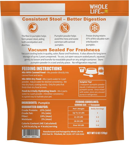 Whole Life Pet Pumpkin Powder for Dogs and Cats. Firms Stool, Relieves Diarrhea. Mix with Water for Instant Puree. No Mess or Waste from Cans. Human Grade Quality - PAWPICO