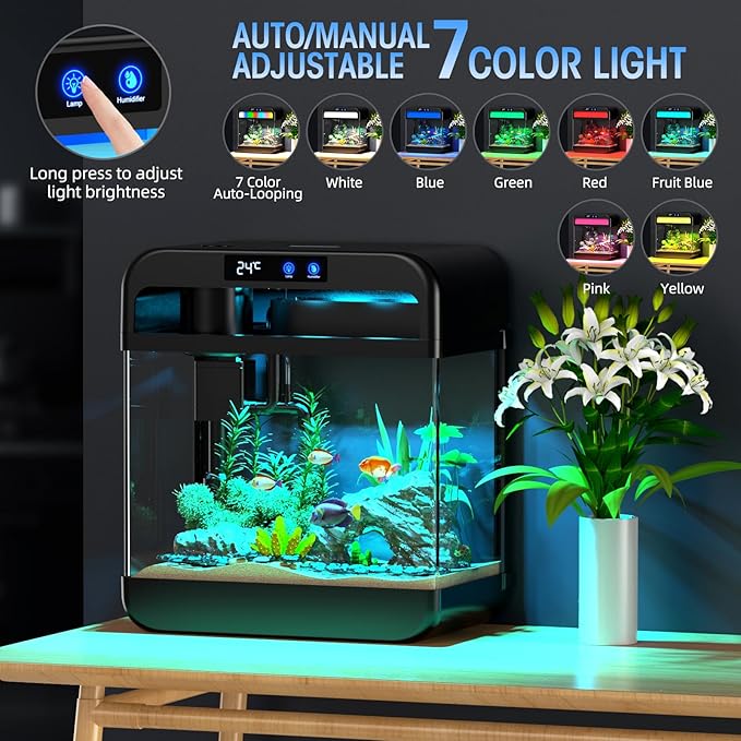 Fish Tank Small Aquarium 2.2 Gal Fish Bowl with Humidifier 7 Color Auto-Looping Light 3 in 1 Quiet Pump with Filteration & Oxygenation & Circulation, Temperature Display, HD Glass, Thickened Base Focusonhomelifeandhealth