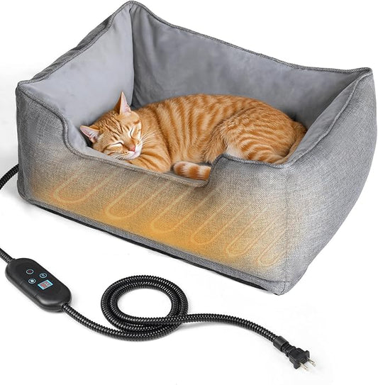 Heated Cat Bed Indoor, Heated Pet Bed with Adjustable Temperature & Timer, Pet Heating Pad for Kittens, Puppies, Dogs, Cats in Winter, UL & FCC Certified - PAWPICO