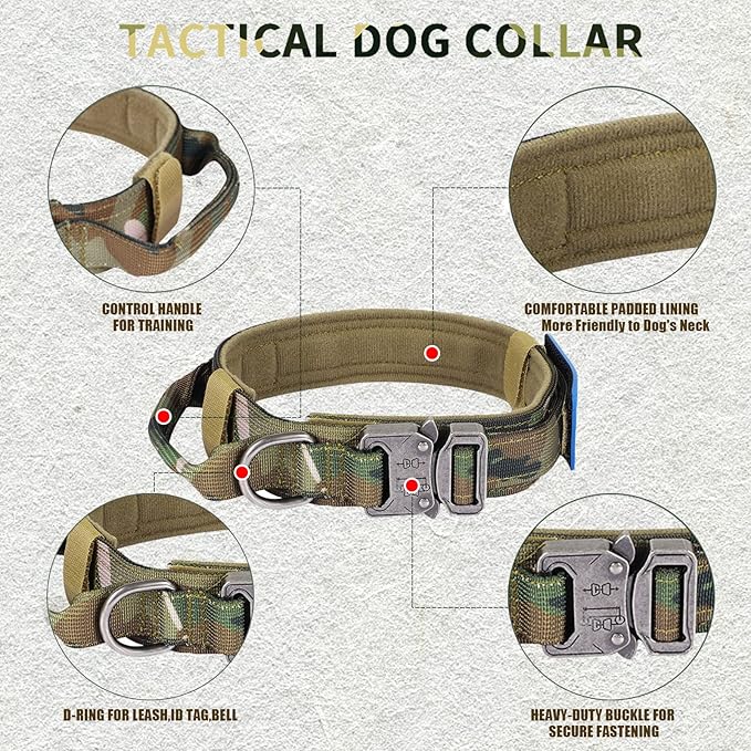 Tactical Dog Collar and Bungee Leash, Camo Military Dog Collar & Leash Set with USA American Flag Adjustable K9 Collar with Heavy Duty Metal Buckle & Handle,with Patches and Airtags Case (M, Camo) Celifelight