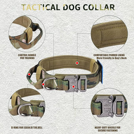 Tactical Dog Collar and Bungee Leash, Camo Military Dog Collar & Leash Set with USA American Flag Adjustable K9 Collar with Heavy Duty Metal Buckle & Handle,with Patches and Airtags Case (L, Camo) Celifelight