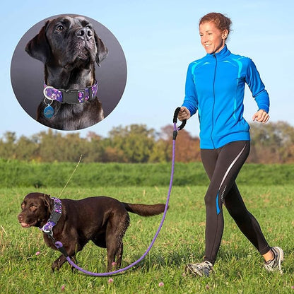 Reflective Dog Collar Padded with Soft Neoprene Breathable Adjustable Nylon Dog Collars for Small Medium Large Dogs (X-Small (Pack of 1), Purple/Pink Floral Collar+Leash) ladoogo