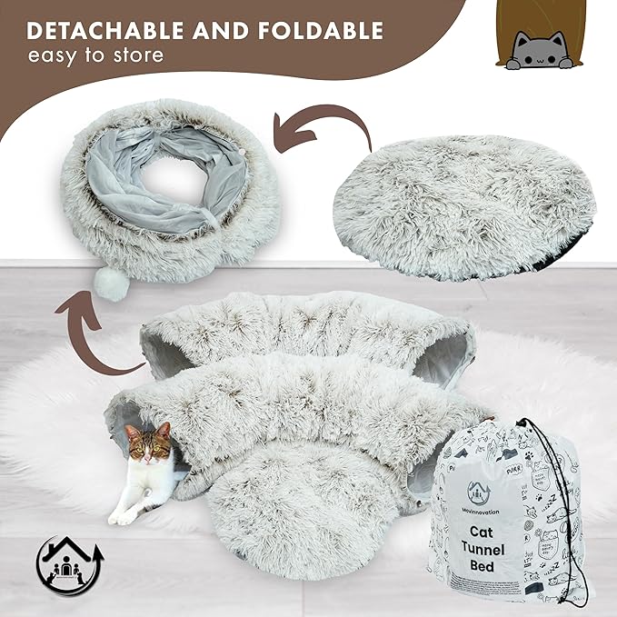 Large Cat Tunnel Bed for Indoor Cats Warm Fluffy Plush Cat Cave Tunnel Bed Collapsible, Washable, 3 Way and Multifunctional with Dangling Balls for Cats, Kittens and Rabbits- Brown - PAWPICO