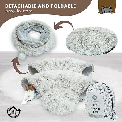 Large Cat Tunnel Bed for Indoor Cats Warm Fluffy Plush Cat Cave Tunnel Bed Collapsible, Washable, 3 Way and Multifunctional with Dangling Balls for Cats, Kittens and Rabbits- Brown - PAWPICO