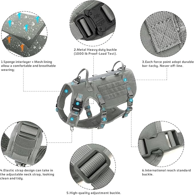Forestpaw Tactical Dog Harness for Large Dogs,Tactical Dog Collar with Bungee Leash Set,No Pull Military Dog Harness for Dog Walking Training,Adjustable for Medium Large Dogs,Gray M Forestpaw