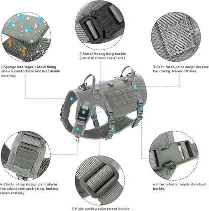 Forestpaw Tactical Dog Harness for Large Dogs,Tactical Dog Collar with Bungee Leash Set,No Pull Military Dog Harness for Dog Walking Training,Adjustable for Medium Large Dogs,Gray M Forestpaw