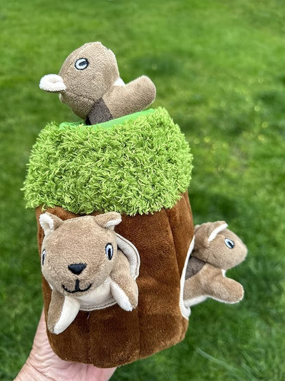 Squirrel in Tree Hide and Seek Dog Toy for Small and Medium Size Dogs, Plush Squirrel Inside Trunk Dog Toy with Squeaker, Interactive Burrow Dog Toy (Tree with Squirrels, Small) - PAWPICO