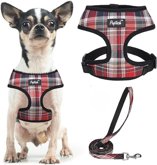 PUPTECK Soft Mesh Dog Harness and Leash Set Pet Puppy Cat Comfort Padded Vest No Pull Harnesses, Red Mixed, XS PUPTECK