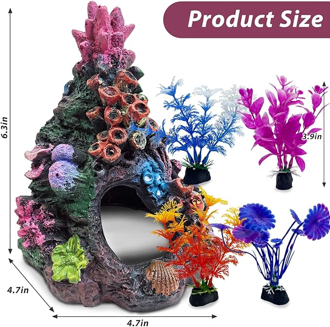 PINVNBY 5 PCS Colorful Coral Fish Tank Decorations, Resin Mountain Ornament and Artificial Plastic Plant for Goldfish Betta Fish Cave Hideout Sleep Rest Play Breed PINVNBY