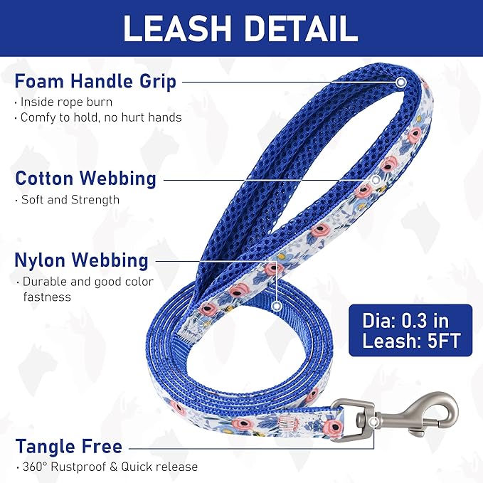 GAMUDA Small Dog Harness Collar and Leash Set, Step in No Chock No Pull Soft Mesh Adjustable Dog Vest Harnesses Plaid Reflective for Dogs Puppy Cats Kitten Rabbit (Blue Flower, L) GAMUDACollarsCollection