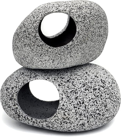 JIH Aquarium Decorations Rock, Ceramic Shelters - Shrimp Habitat, Breeding Tube, Hiding cave, Stackable Fish Tank Decor Cave for Hiding, Betta Fish (J001+J002) JIH