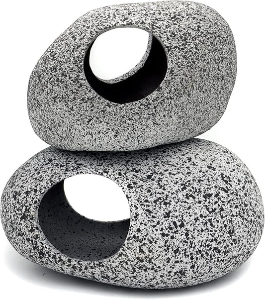 JIH Aquarium Decorations Rock, Ceramic Shelters - Shrimp Habitat, Breeding Tube, Hiding cave, Stackable Fish Tank Decor Cave for Hiding, Betta Fish (J001+J002) JIH