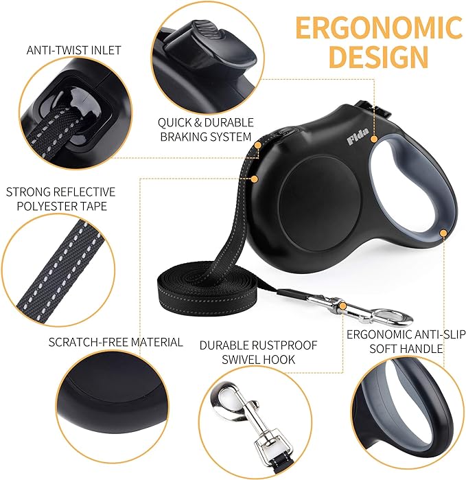 Fida Retractable Dog Leash Large Breed, Heavy Duty 16 ft Dog Walking Leash, up to 110 lbs, 360° Tangle Free, Black - PAWPICO