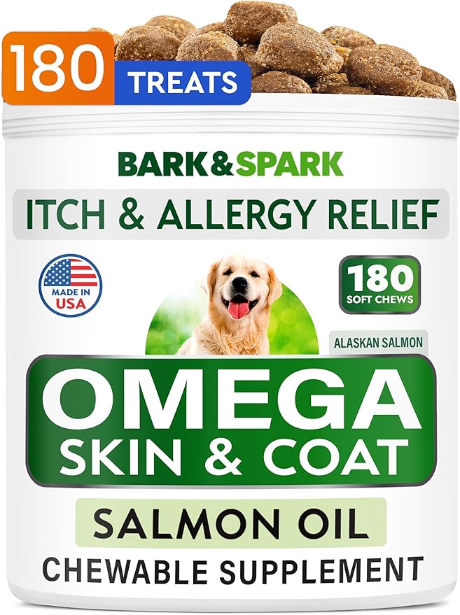 BARK&SPARK Omega 3 for Dogs - 180 Fish Oil Treats for Dog Shedding, Skin Allergy, Itch Relief, Hot Spots Treatment - Joint Health - Skin and Coat Supplement - EPA & DHA Fatty Acids - Alaskan Salmon BARKSPARK