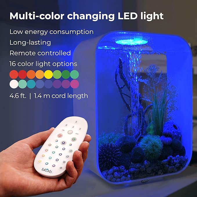 biOrb Life 15 Acrylic 4-Gallon Aquarium with Multi-Color Remote-Controlled LED Lights Modern Compact Tank for Tabletop or Desktop Display, Transparent biOrb