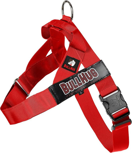 BULLHUG Harness – Made for Larger Chested Dogs Like English Bulldogs, French Bulldogs, Pugs & More. Stops Dogs from Pulling & Choking on Walks (Bright RED, Medium) BULLHUG