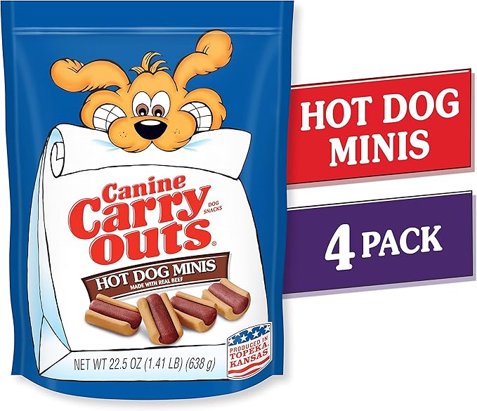 Canine Carry Outs Dog Treats, Hot Dog Minis, 22.5 Ounce (Pack of 4), Made with Real Beef - PAWPICO