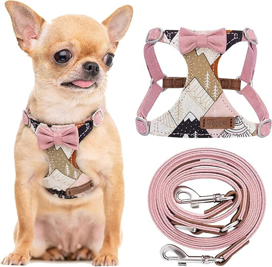 Puppytie No Pull xs Dog Harness with Multifunction Dog Leash,Soft Adjustable No Choke Escape Proof Pet Harness Vest,Suede Bow Pink,XXS Puppytie