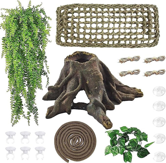 5 PCS Tank Accessories for Bearded Dragon Include Resin Hollow Tree Root Reptile Habitat Hideout Decor Hanging Jungle Vines Flexible Leaves Climbing Decorations for Lizard Gecko Chameleon Spider MUYG