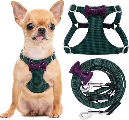 Puppytie No Pull xs Dog Harness with Multifunction Dog Leash,Soft Adjustable No Choke Escape Proof Pet Harness Vest,Plaid Green,xs Puppytie