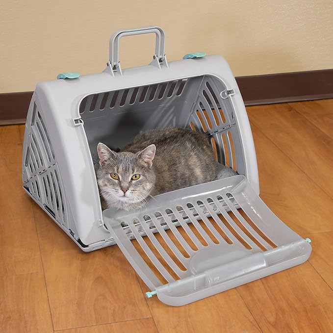 SportPet Designs Sport Pet Foldable Travel Cat Carrier with A Waterproof Bed - Front Door Plastic Collapsible Carrier, Gray (CM-10064-CS01) - PAWPICO