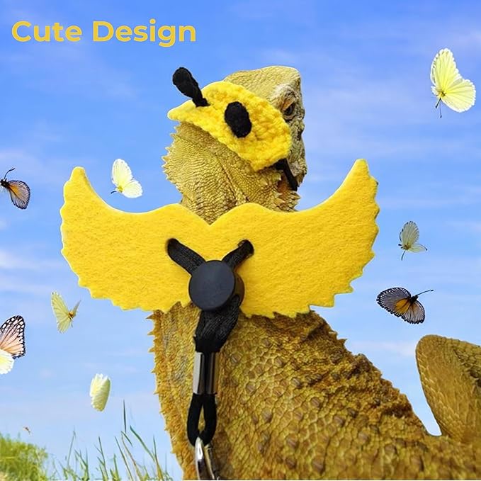 Adjustable Bearded Dragon Harness with Wings and Bee Hat Set, Lizard Leash Cute Hats for Small Reptiles Geckos Hamster, Bearded Dragon Stuff, Leopard Gecko Accessories (Head Cover+Traction Rope) HomedyCrafts