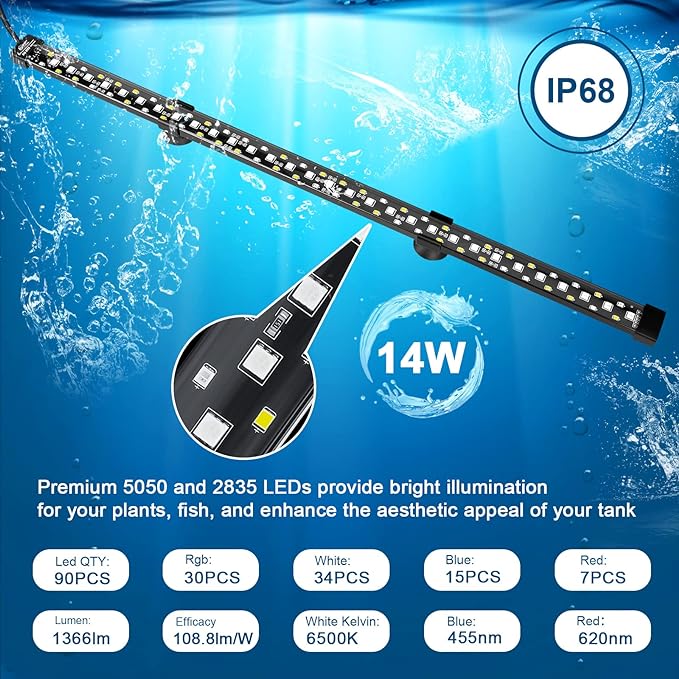 hygger 24/7 Mode Submersible Aquarium LED Light, Full Spectrum Hidden Fish Tank Light with 3 Rows Beads 7 Colors Auto On Off Sunrise-Daylight-Moonlight, Adjustable Timer Brightness (23.6in 14W) hygger