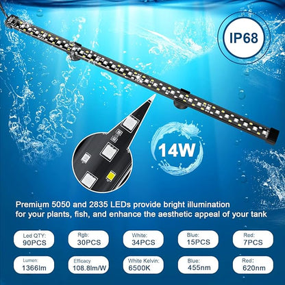 hygger 24/7 Mode Submersible Aquarium LED Light, Full Spectrum Hidden Fish Tank Light with 3 Rows Beads 7 Colors Auto On Off Sunrise-Daylight-Moonlight, Adjustable Timer Brightness (23.6in 14W) hygger