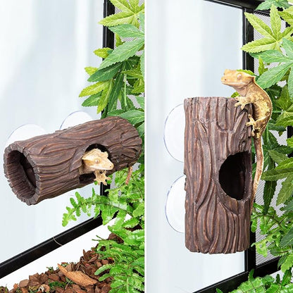 Reptile Hide, Resin Hollow Log Hideout with 2pcs Powerful Suction Cup, Reptile Tank Accessories Climbing Toys Terrarium Hideaway Caves Decor for Gecko, Lizard, Snakes, Hermit Crabs, Forgs CAVACHEWReptileSupplies