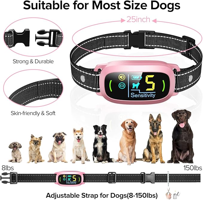 Dog Bark Collar, Rechargeable Smart Collar, Anti Barking Training Collar with 5 Adjustable Sensitivity Beep Vibration, Bark Collar for Large Medium Small Dogs (Pink) FAFAFROG