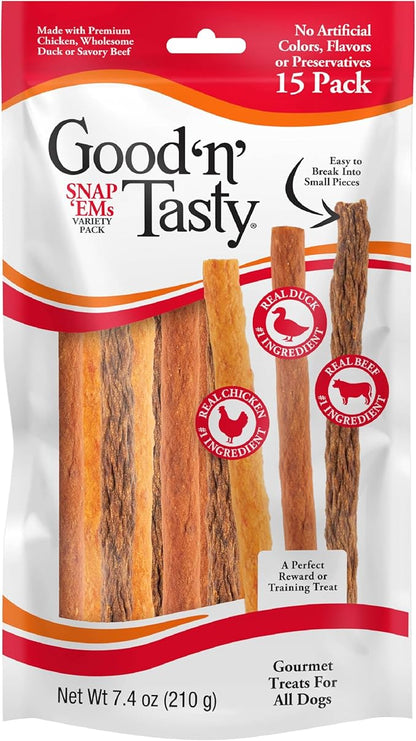 Good 'n' Tasty Triple Flavor Snap ‘EMS Gourmet Treats Variety Pack for All Dogs, 15 Count, Reward or Training Treat Made with Real Chicken, Duck and Beef - PAWPICO