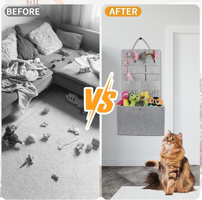 Cat Toy Storage Box for Wand Toys, Durable Pet Storage Organizer with Handle for Cat Feather Toy Foldable Storage Hanging Bag for Keeping Teaser Wand Toys, Grey - PAWPICO