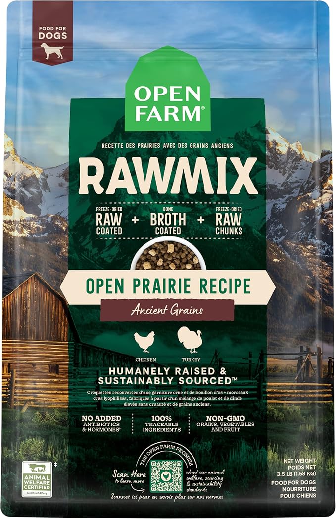 Open Farm RawMix Ancient Grains Prairie Recipe for Dogs, Includes Kibble, Bone Broth, and Freeze Dried Raw, Inspired by The Wild, Humanely Raised Protein and Non-GMO Fruits and Veggies, 3.5 lb - PAWPICO