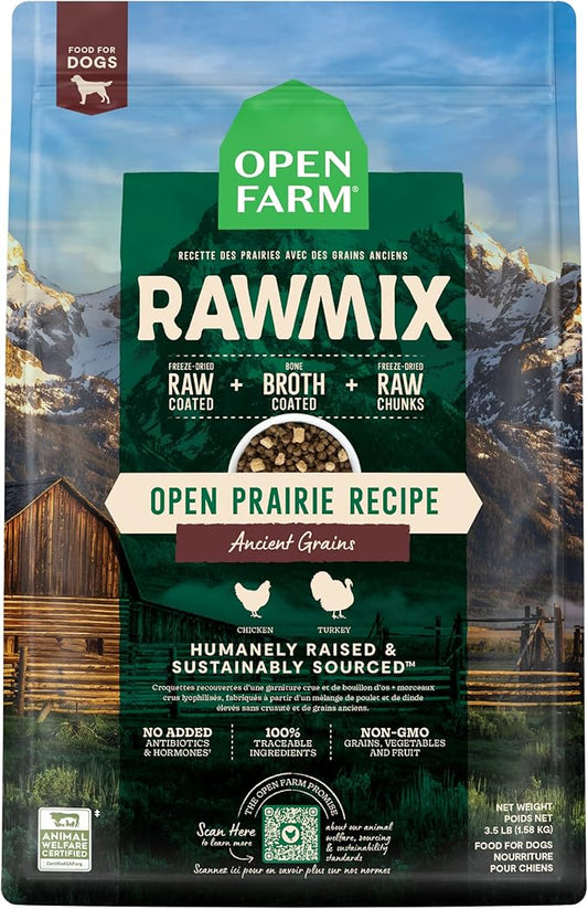 Open Farm RawMix Ancient Grains Prairie Recipe for Dogs, Includes Kibble, Bone Broth, and Freeze Dried Raw, Inspired by The Wild, Humanely Raised Protein and Non-GMO Fruits and Veggies, 3.5 lb - PAWPICO