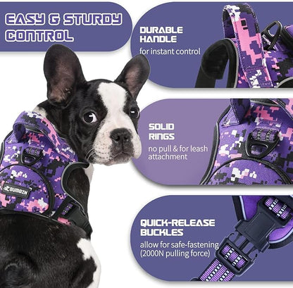 No Pull Dog Harness for Large Dogs, Adjustable No Choke Pet Vest with Dog Leash Fit Smart Reflective Pet Walking Harness for Training Easy Control Soft Handle Purple Camo L BUMBIN
