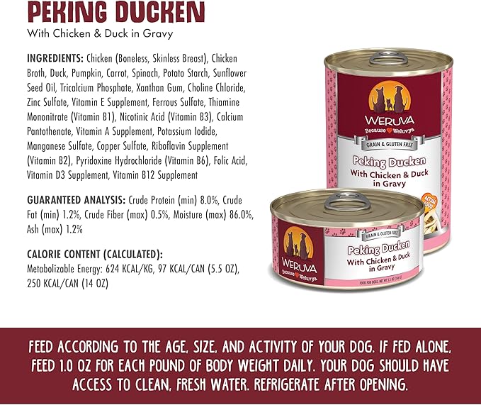 Weruva Classic Dog Food, Peking Ducken with Chicken & Duck in Gravy, 5.5oz Can (Pack of 24), Multi - PAWPICO