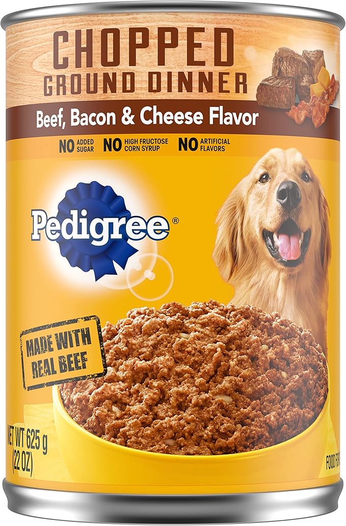 PEDIGREE CHOPPED GROUND DINNER Adult Canned Soft Wet Dog Food Beef, Bacon & Cheese Flavor, 22 oz. Cans (Pack of 12) - PAWPICO