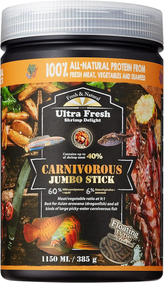 Ultra Fresh Monster Fish Food, Wild Sword Prawns, Floating Sticks for Oscars, Bass, Large Cichlids and Tropical Fish, Carnivorous Jumbo Stick 13.58 oz UltraFresh-ShrimpDelight
