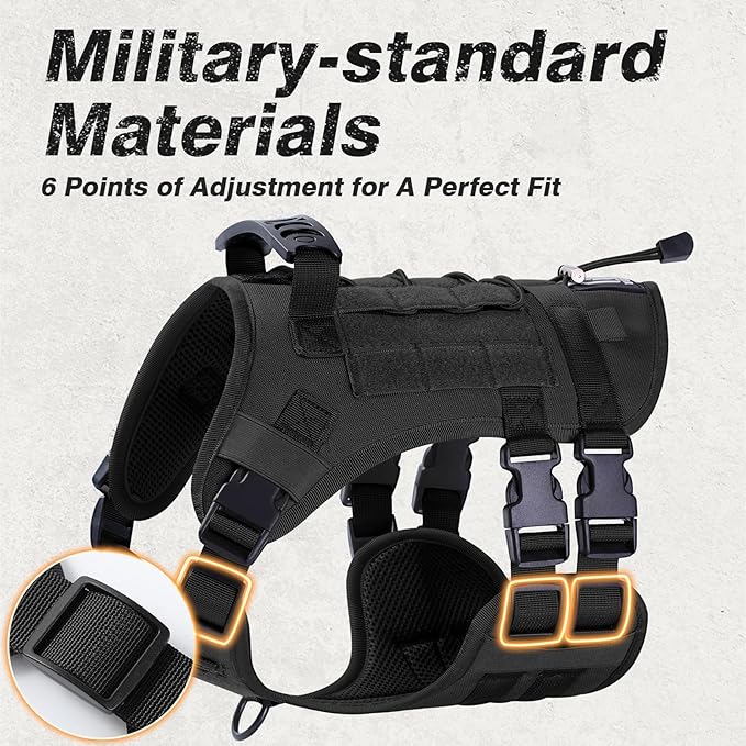 No Pull Tactical Dog Harness for Large Dogs, Escape Proof Molle Dog Vest Harness and Leash Set, Adjustable Military Service Dog Harness with Handle for Medium Large Dogs(Black,Large) Yungaspy