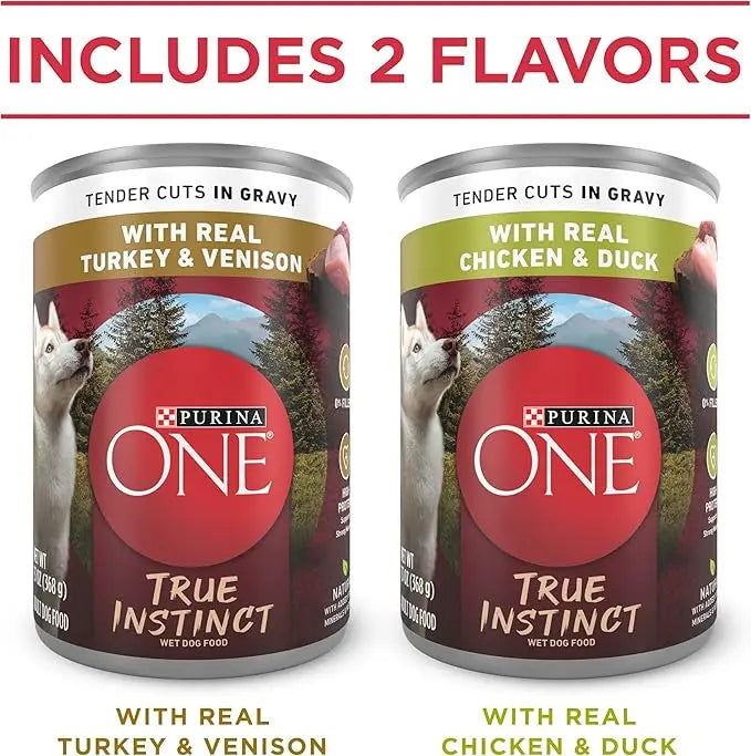 Purina ONE True Instinct Tender Cuts in Gravy With Real Turkey and Venison, and With Real Chicken and Duck High Protein Wet Dog Food Variety Pack - (Pack of 12) 13 oz. Cans - PAWPICO