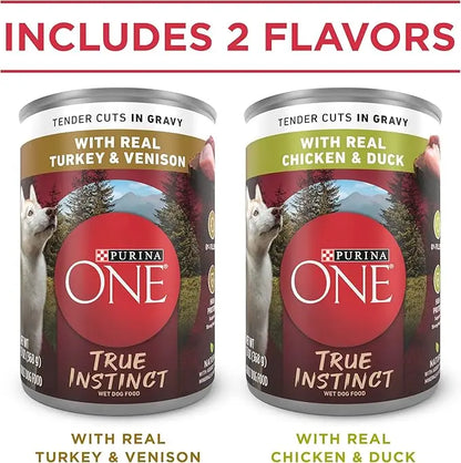 Purina ONE True Instinct Tender Cuts in Gravy With Real Turkey and Venison, and With Real Chicken and Duck High Protein Wet Dog Food Variety Pack - (Pack of 12) 13 oz. Cans - PAWPICO