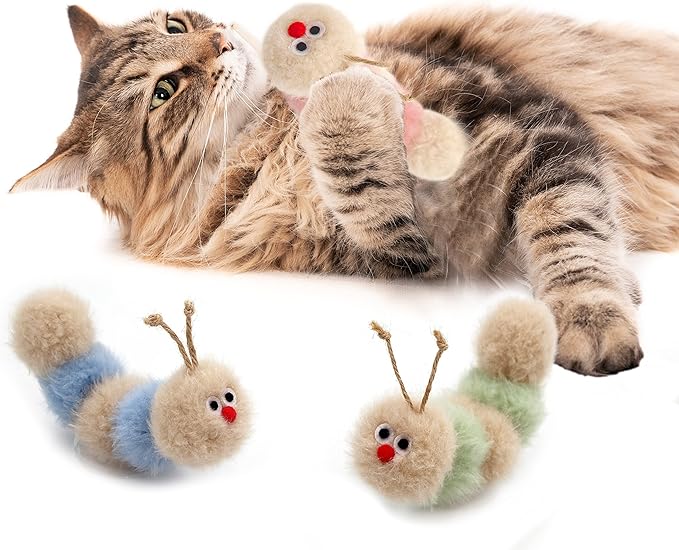 Interactive Natural 3 PK Catnip Toy, with Rattle, Bite Resistant, for All Ages Indoor Cat, Soft Caterpillar Toys, Fluffy Kitten Toy - PAWPICO
