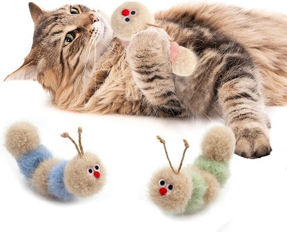 Interactive Natural 3 PK Catnip Toy, with Rattle, Bite Resistant, for All Ages Indoor Cat, Soft Caterpillar Toys, Fluffy Kitten Toy - PAWPICO